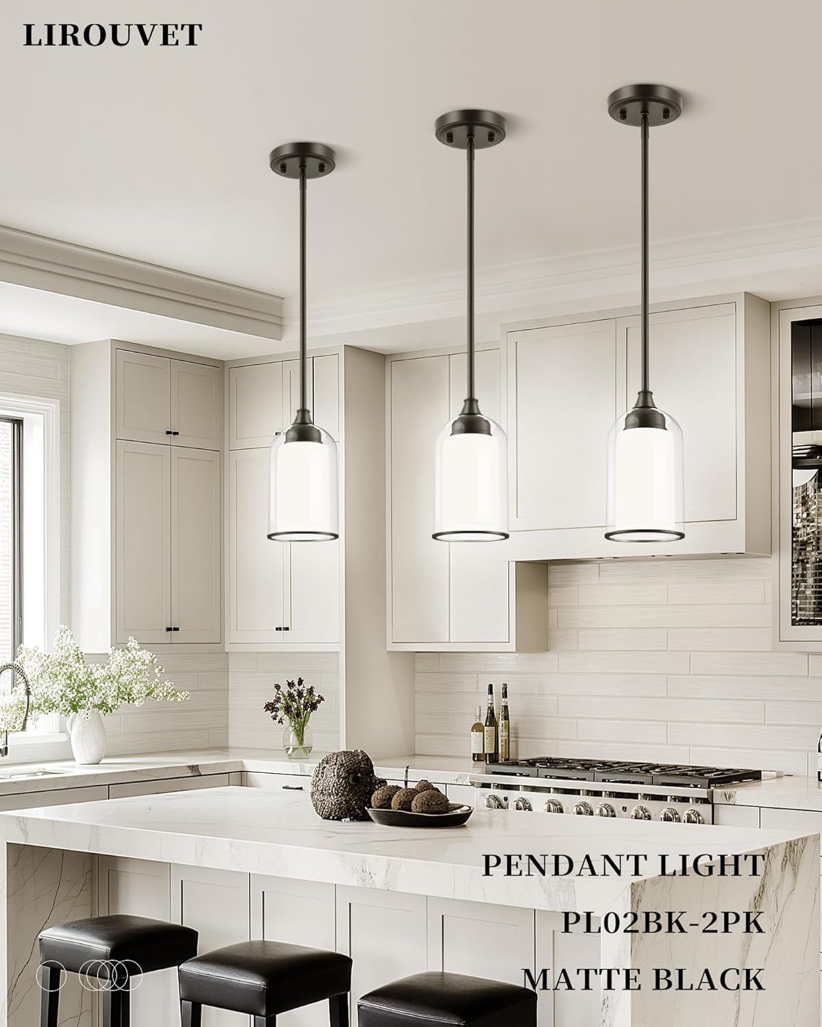 LIROUVET 2 Pack Pendant Lights Kitchen Island, Dual Glass Pendant Lights, Black Hanging Lamp with Clear and Milk Glass, Industrial Pendant Light Fixtures for Dining Room PL02BK-2PK