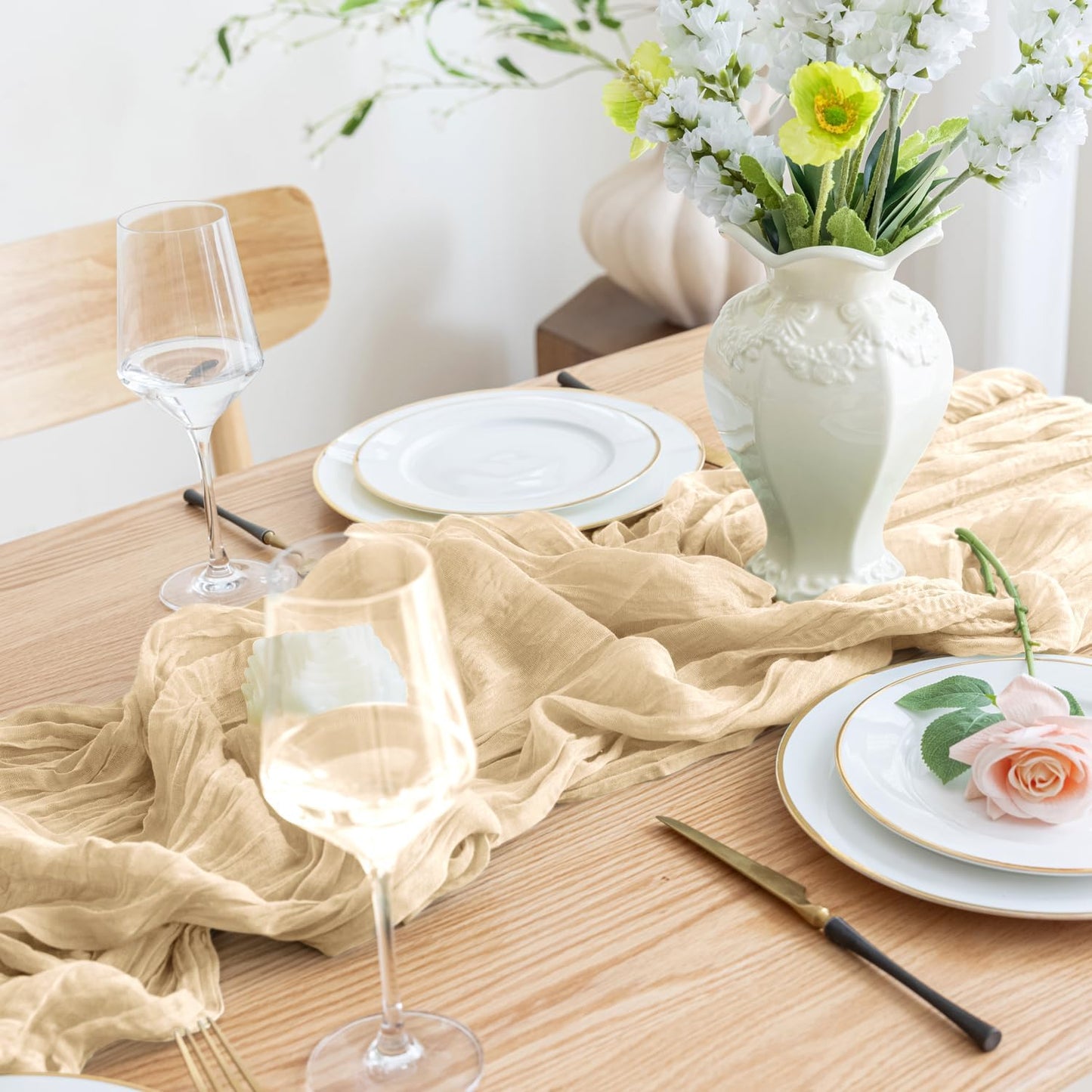 Asee'm 2pcs Cheesecloth Table Runner 120 Inches Long Sand Boho Gauze Cheese Cloth Runner 10FT Rustic Sheer Table Runners for Christmas Wedding Party Baby Shower Spring Easter Decoration