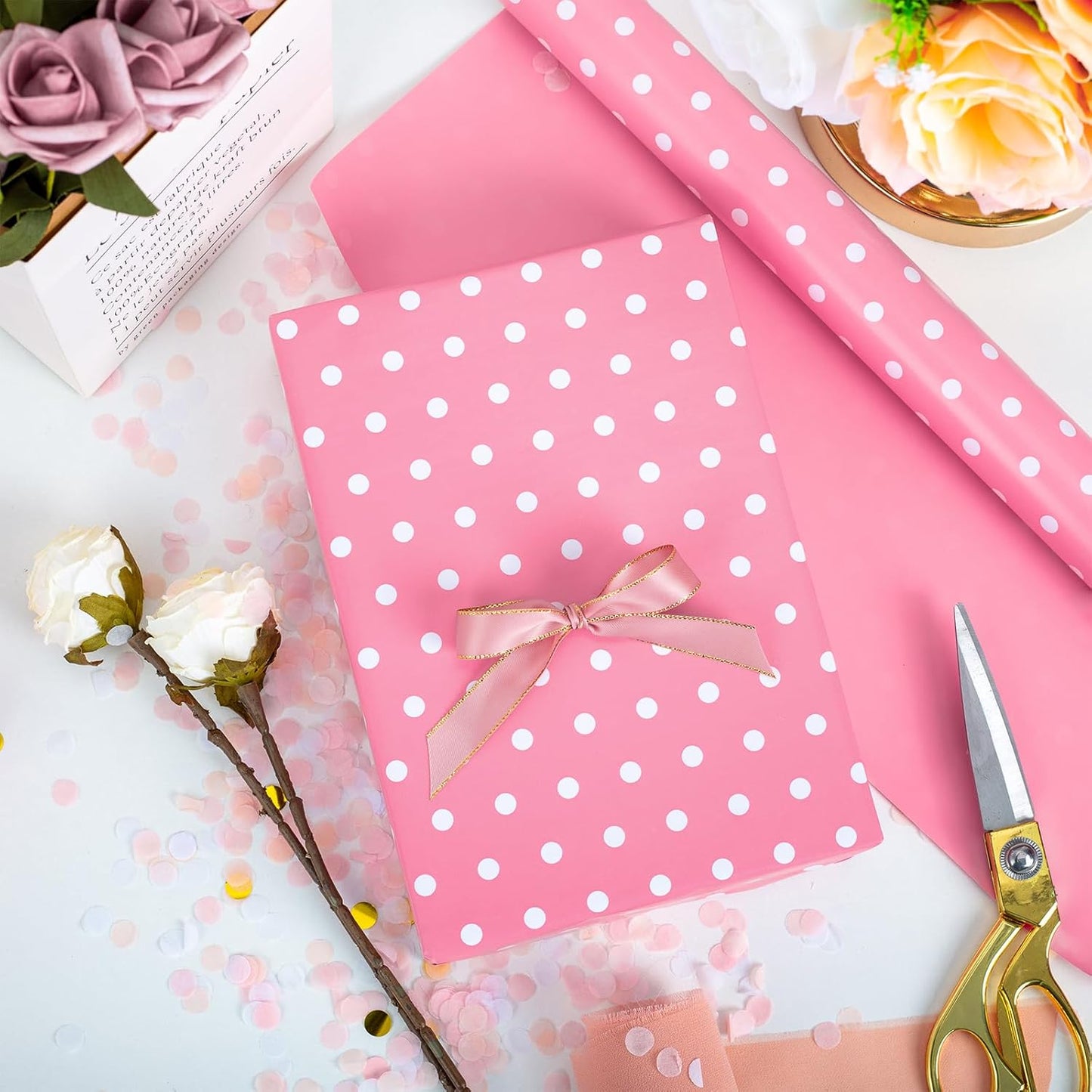 Flyhill Pink Wrapping Paper Roll,Reversible Gift Wrap Paper with Polka Dot Design for Girls,Birthday,Wedding,Baby Shower,All Holidays(17 Inch X 32.8 Feet)