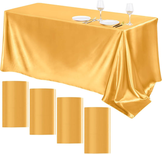 TURSTIN 4 Packs Gold Satin Tablecloth 102 x 58 Inch Overlay Satin Table Cover Rectangle Bright Silk Tablecloth Smooth Fabric Table Decoration for Wedding Banquet Party Events