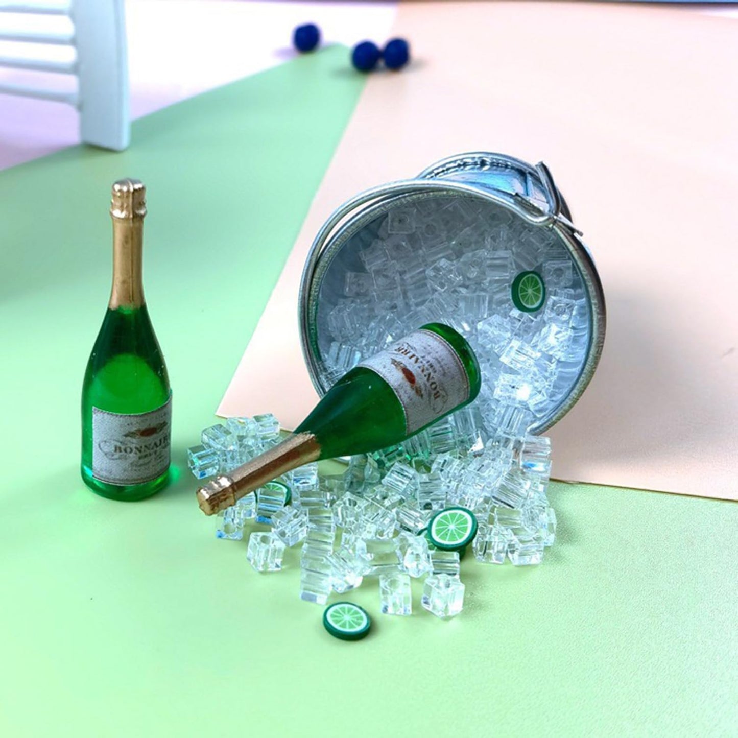 Miniature Champagne Bottle with 2 Glasses, 1:12 Dollhouse Champagne Bottle, Tiny Champagne Bottle Glasses, for Dollhouse, Fairy Garden, Miniature Bar (2 Champagne Bottle and 1 Bucket with Ice)