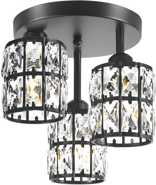 Modern Semi Flush Mount Ceiling Light, 3-Light Black Crystal Close to Ceiling Light Fixtures, Kitchen Light Fixtures with Clear Crystal Shade, Hallway Light Fixtures for Porch Bedroom Bathroom