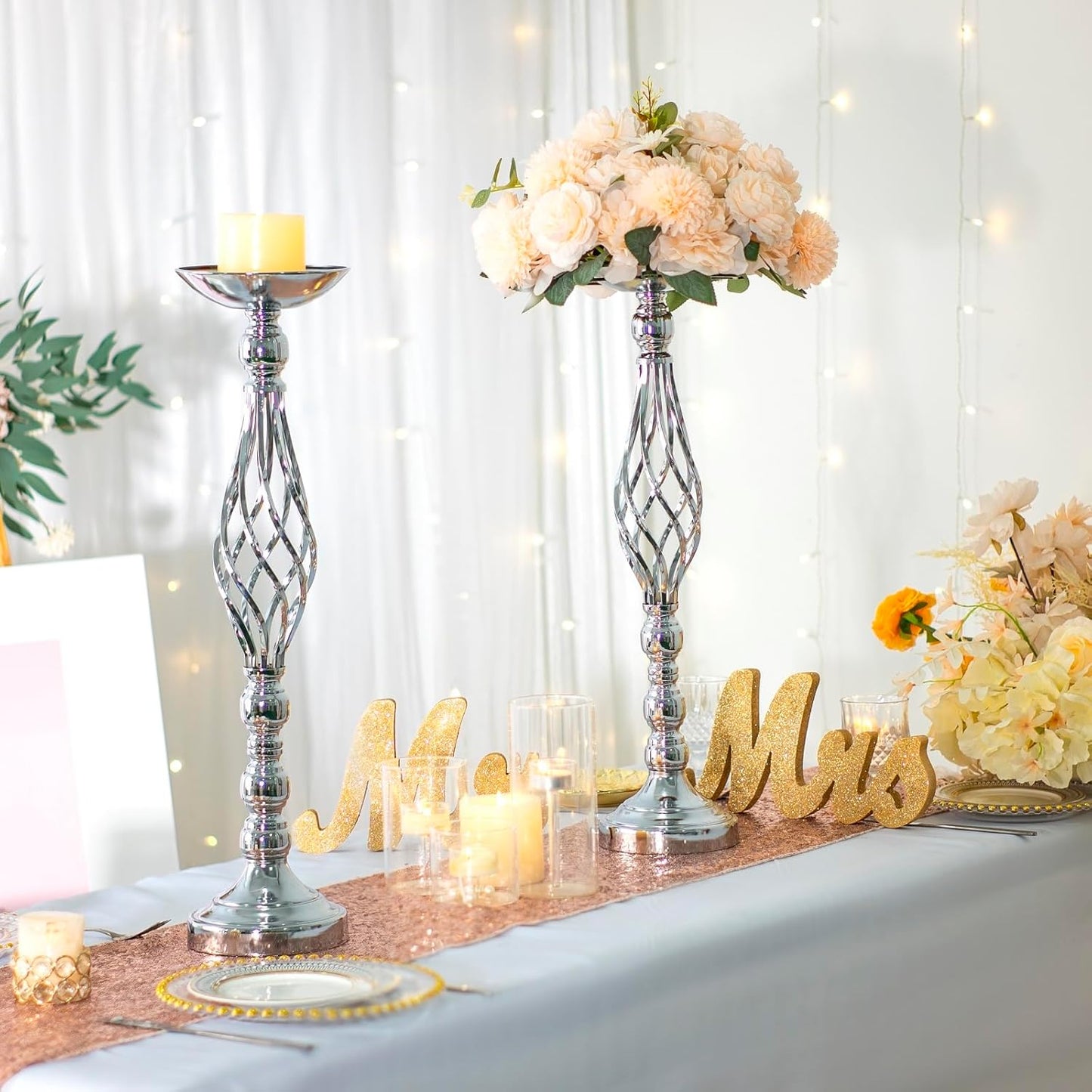 LANLONG 2pcs Metal Silver Candle Holders Road Lead Table Centerpiece Stand Pillar Candlestick for Wedding Candelabra Flowers Vases