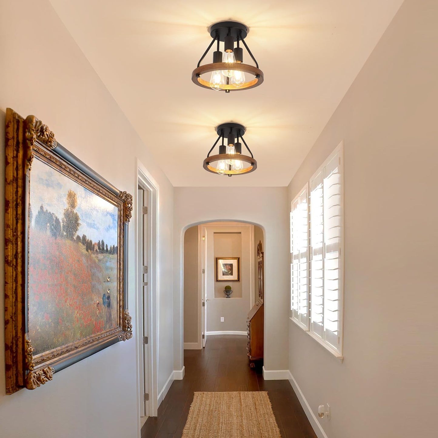 Modern Farmhouse Wood Semi Flush Mount Ceiling Light, Hallway Entryway Light Fixtures, 3-Light Rustic Industrial Ceiling Lamp for Kitchen Bedroom Dining Room Laundry Room Lighting, UL-Listed