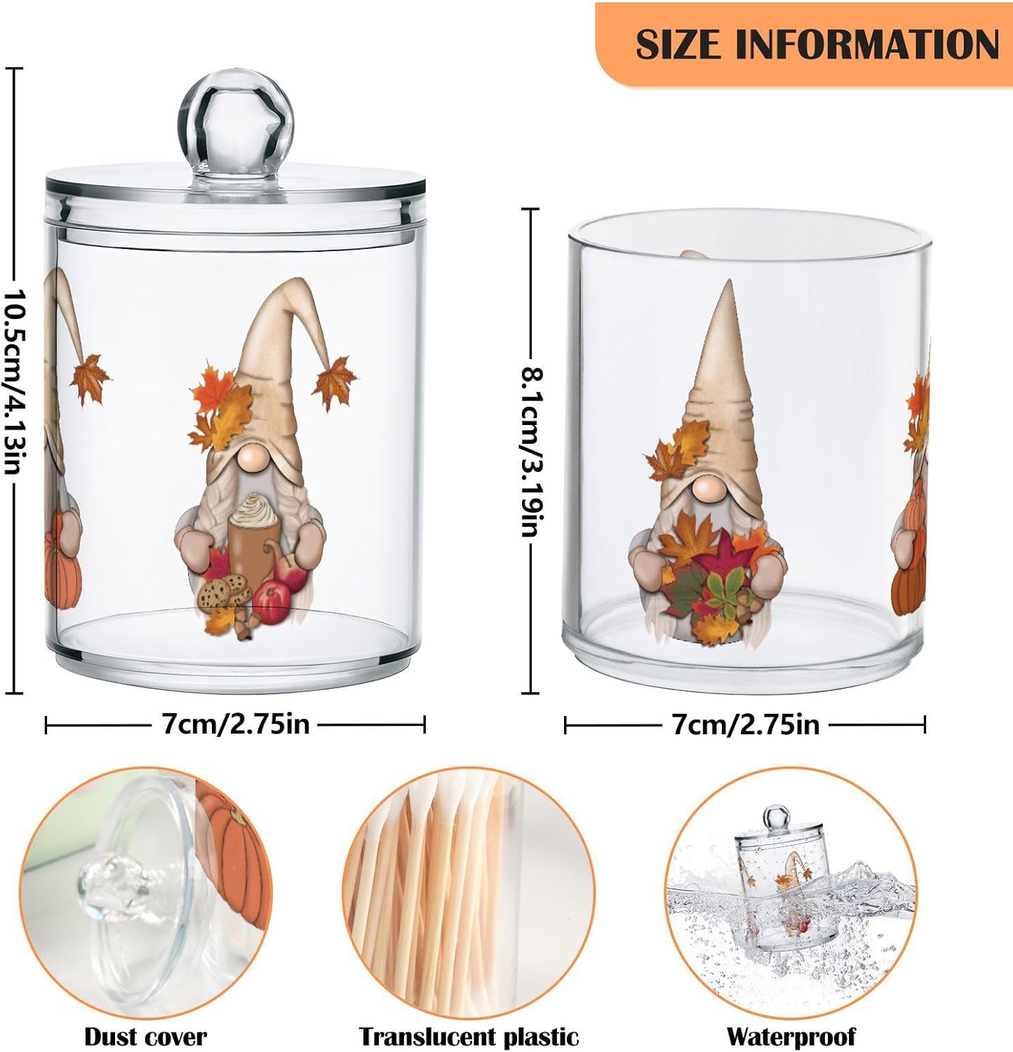 Gredecor 2 Pack Apothecary Jars with Lid Fall Gnome Maple Pumpkins Qtip Holder Dispenser Storage Containers Clear Plastic Cute Fall Autumn Thanksgiving Theme Canisters for Bathroom Vanity Organization