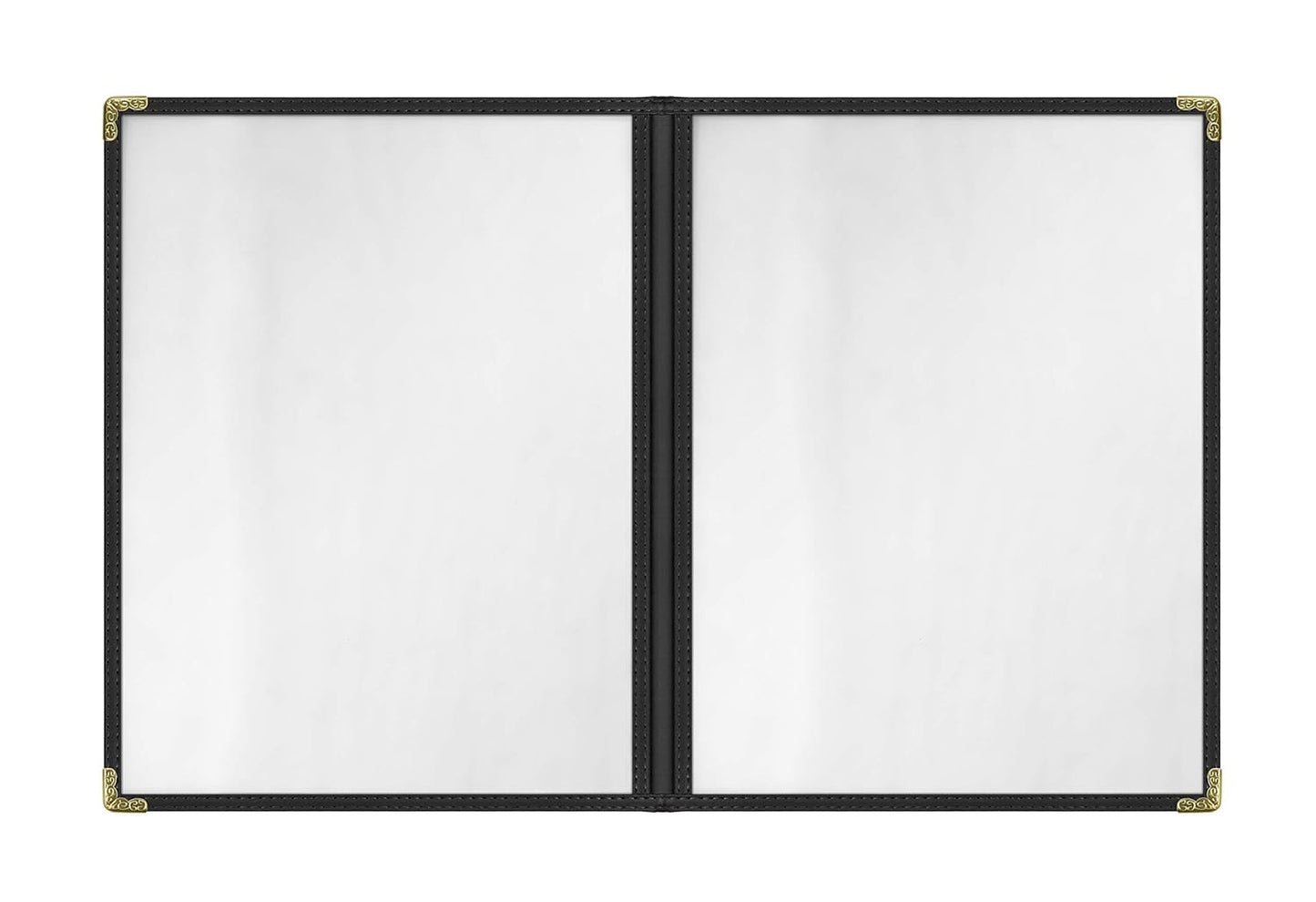 Goodsmart Restaurant Menu Covers - 25 Pack Black 8.5" x 11", 2-Page/4-View, Side-Loading Vinyl Menu Holders, Clear Sleeves, Double-Stitched Edge, Leather-Style Café Covers with Gold Corners