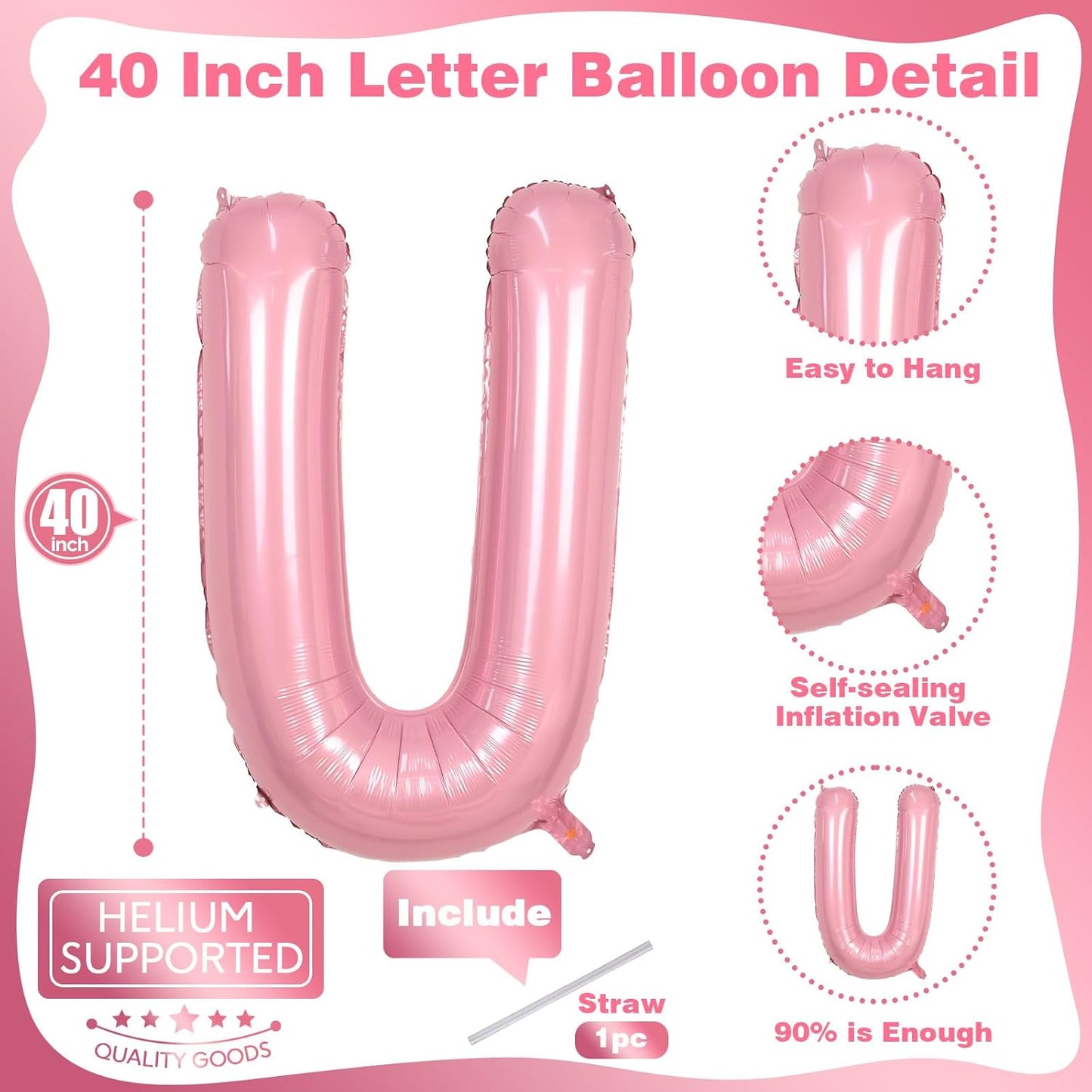 40 Inch Pastel Pink Letter Balloon U, Giant Custom Alphabet U Foil Balloon Baby Pink, Mylar Balloons Light Pink for Girls, Helium Alphabet U Balloons for Women Girls Birthday Party Decorations