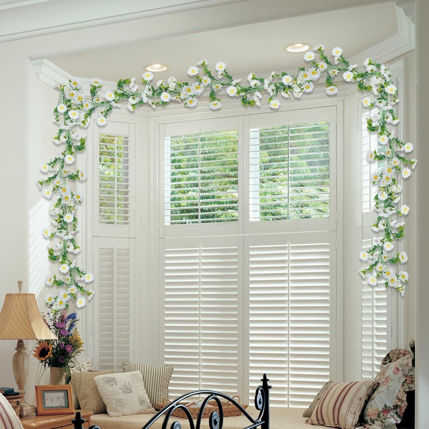 2 Pack White Flower Garland Artificial Daisy Silk Wildflower Hanging Flowers Fake Floral Vines Garland for Table Decoration Backdrop Wall Home Party Wedding Indoor Outdoor DIY Cemetery Decor