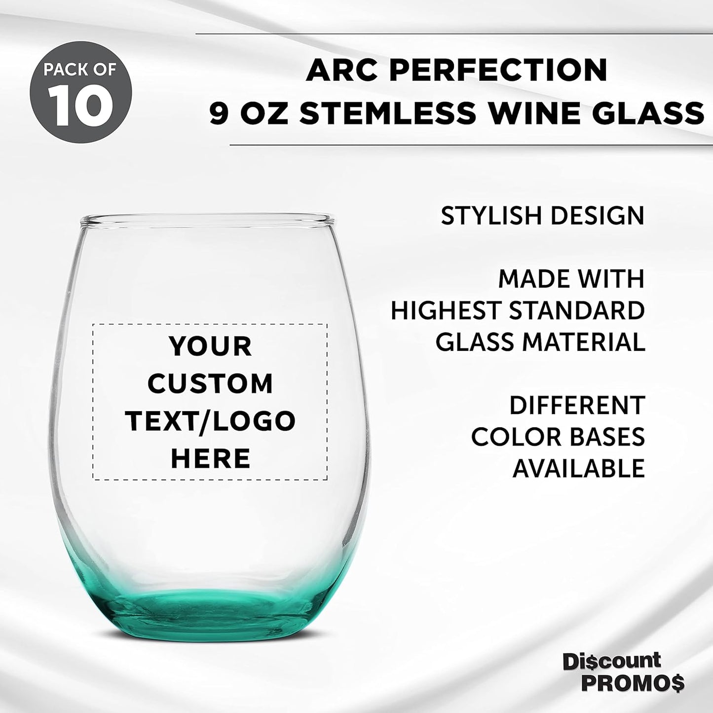 Custom Stemless Wine Glass 9 oz. Set of 10, Personalized Bulk Pack - Great for Wedding Favors, Bachelorette Party Decorations, Party Favors, Color Bottom - Green