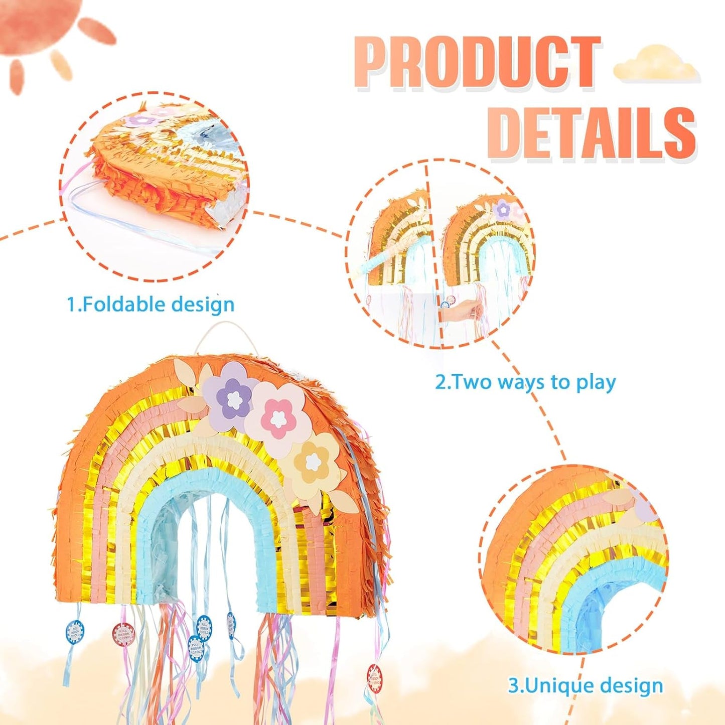 WERNNSAI Foldable Rainbow Pinata - Rainbow Pull String Pinata with Blindfold and Bat for Bundle Piñata Boho Theme Birthday Baby Shower Party Decoration Carnival Party Games Supplies 16.4" x 12.3"