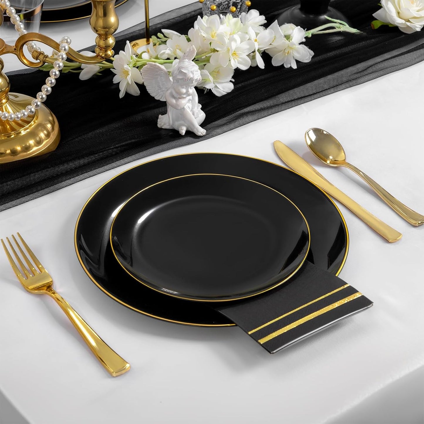 NOCCUR 350PCS Black and Gold Plastic Plates - Black Disposable Dinnerware Set for 50 Guests, 100 Dinner/Dessert Plates, 150 Gold Silverware, 50 Cups&50 Napkins for Party/Birthday/Halloween/NewYear