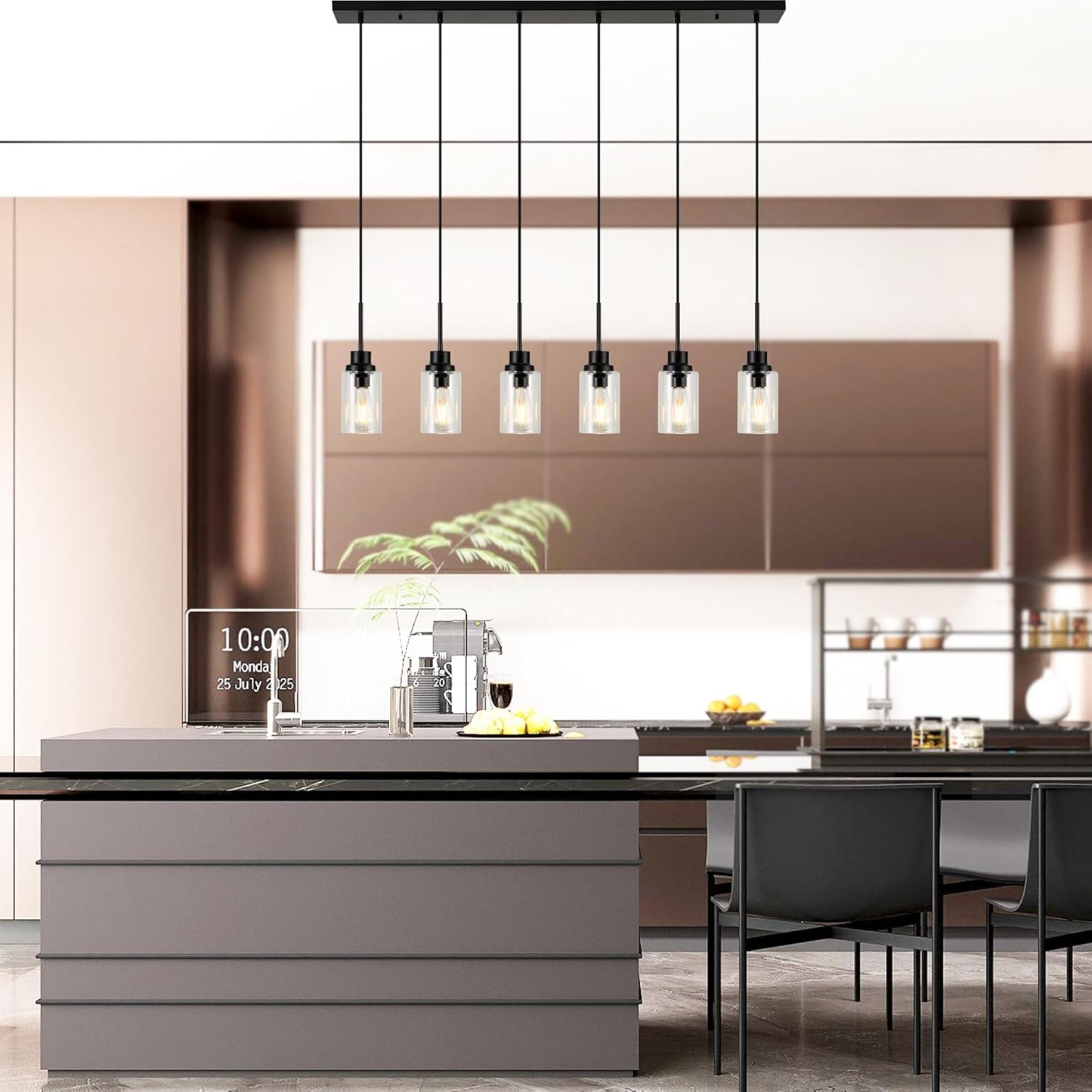 6 Lights Island Lights for Kitchen Modern Industrial Black Linear Chandeliers with Clear Glass Shade for Dining Room Kitchen Long Finish Ceiling Lighting Fixtures