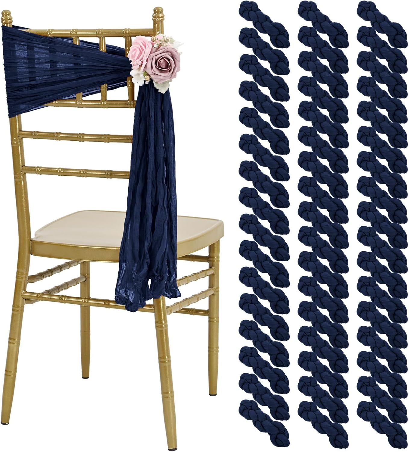 50 PCS Cheesecloth Chair Sashes, Bows Designed ChairSashes, 15.7x70 inch Chair Sashes for Aisle Decorations Universal Chairs Cover Decoration for Wedding Reception Party Banquet (Navy Blue)