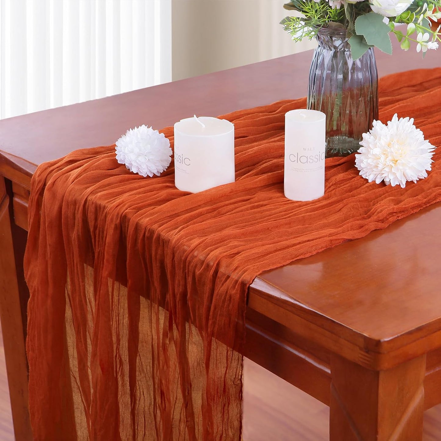16PCS Orange Cheesecloth Table Runner - 10FT x 35x120Inch Boho Gauze Cheese Cloth Table Runner for Wedding Party, Baby Bridal Shower Table Decor