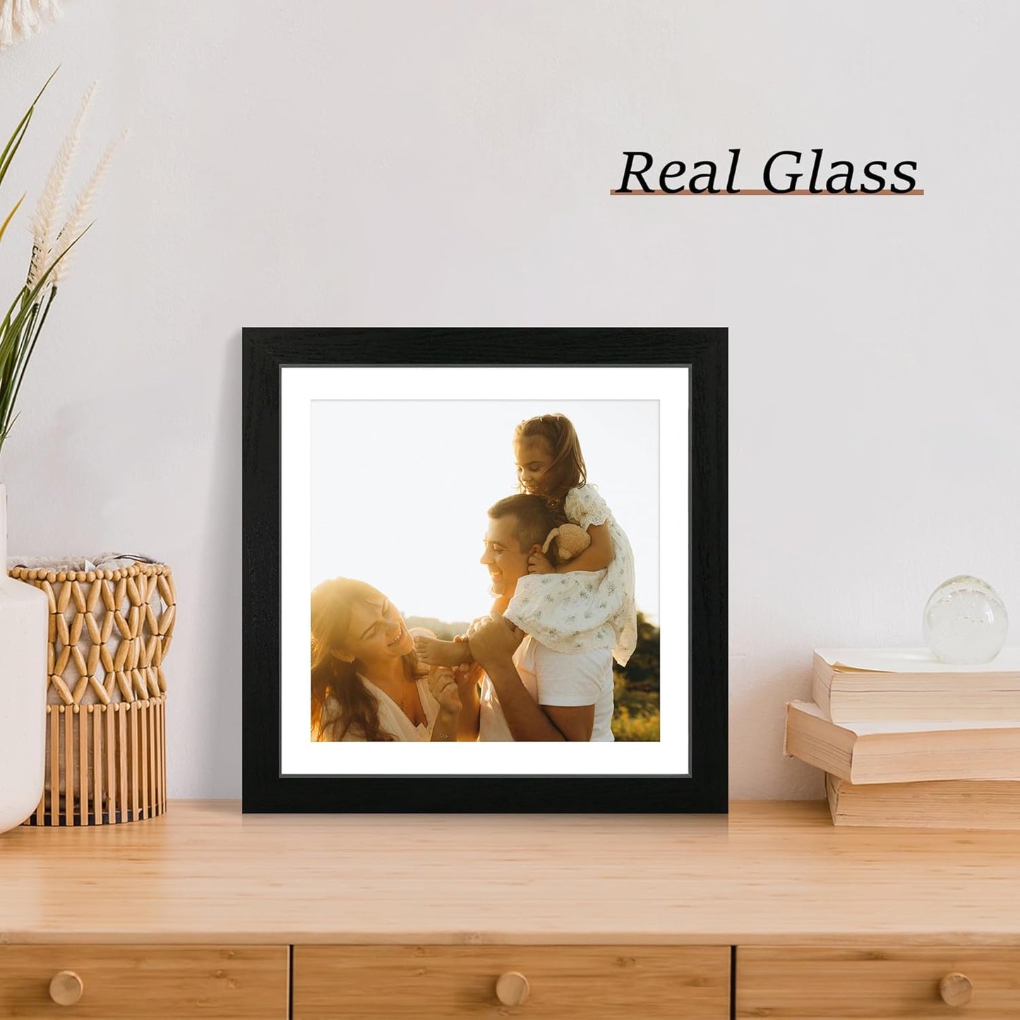 12x12 Picture Frame Set of 4 with Tempered Glass, Black Frame Display 10x10 Picture with Mat or 12 x 12 Without Mat, Wood Square Photo Frames for Desktop Display and Wall Mounting