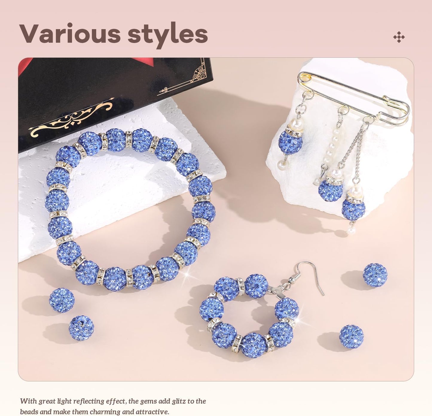 105pcs 10mm Rhinestone Beads for Jewelry Making, Light Blue Shiny Round Disco Ball Beads Bulk, Sparkle Crystal Clay Christmas for Bracelet Baseball Necklace Earring Crafting and DIY