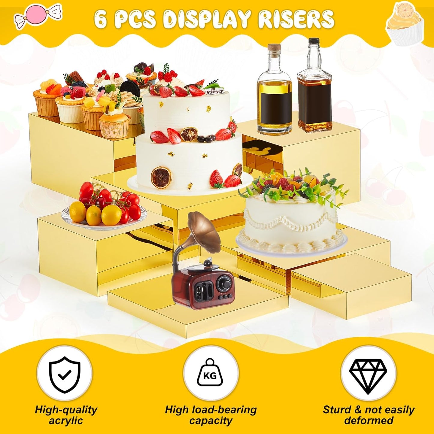Leinuosen 7 Pcs Large Buffet Risers Set 6" to 12" Acrylic Display Box Catering Dessert Table Riser Food Display Decorative Stand with Hollow Bottom for Catering Supplies(Gold, Square)