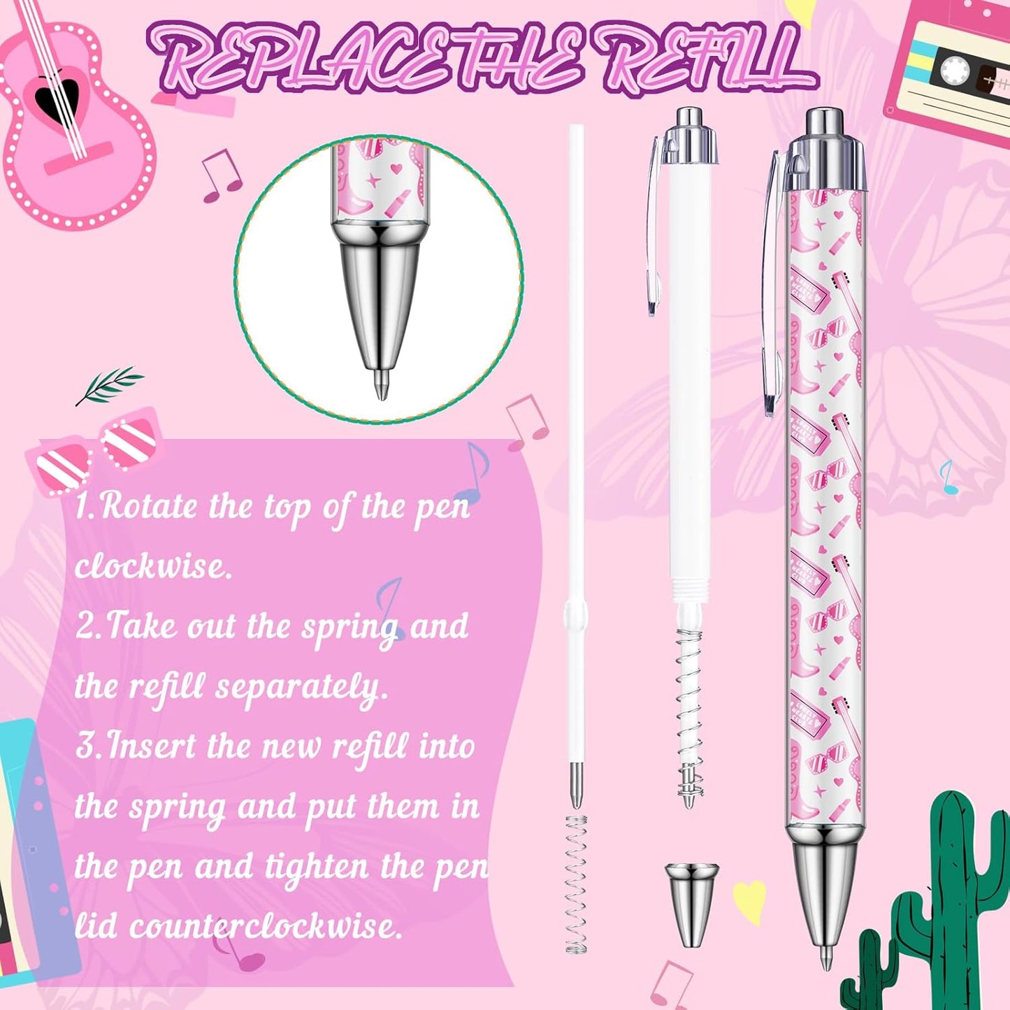 24 Pcs Pink Party Gifts Pens Concert Birthday Party Favors Music Ballpoint Pens Singer Guitar Pop Lover Gifts for Women Fans Bachelorette Decorations Supplies