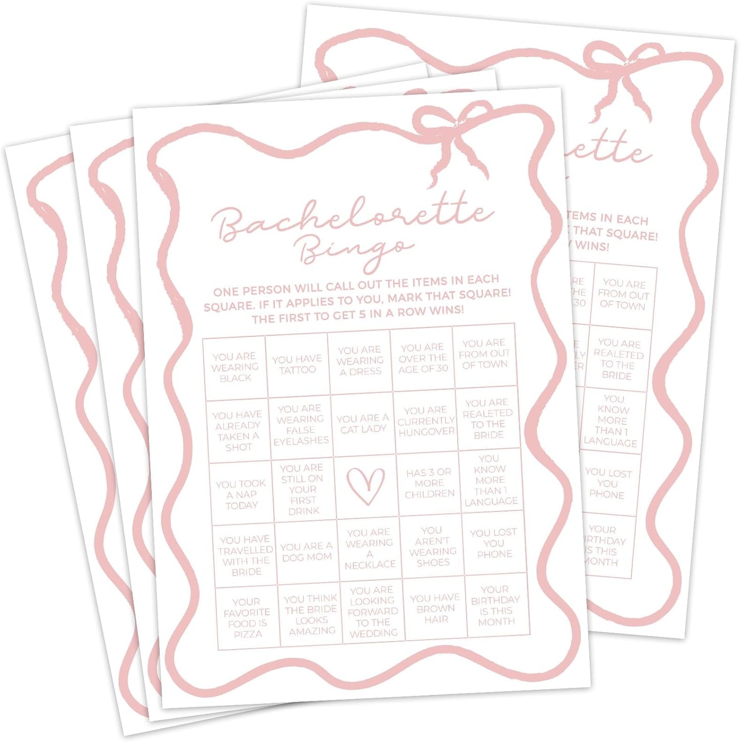 DEEKA 30 PCS Bridal Shower Games Card for 30 Guests White Pink Wavy Border Ribbon Bow Funny Wedding Bachelorette Party Games for Reception (Bachelorette Bingo)