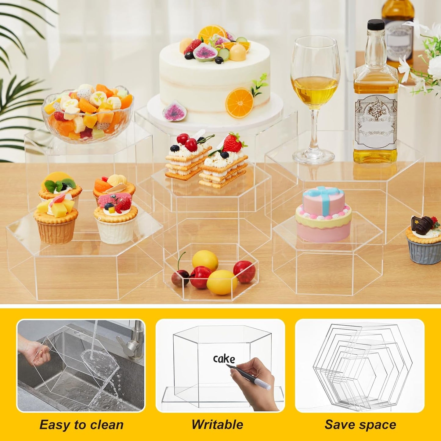 Leinuosen 7 Pcs Large Buffet Risers Set 6" to 12" Acrylic Display Box Catering Dessert Table Riser Food Display Decorative Stand with Hollow Bottom for Catering Supplies(Clear, Hexagonal)