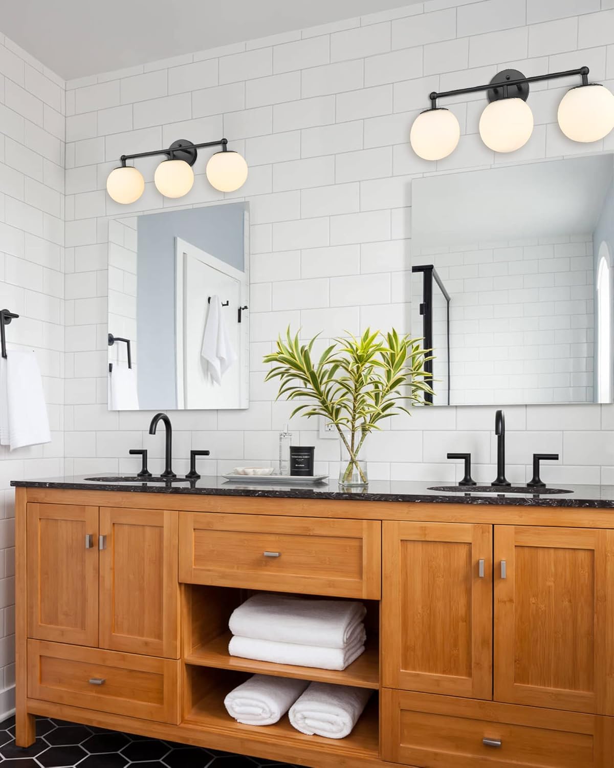 Black Vanity Lights for Bathroom, Farmhouse Bathroom Light Fixtures 3-Light Over Mirror with Milky Glass Globe Shade, KW-7307-3