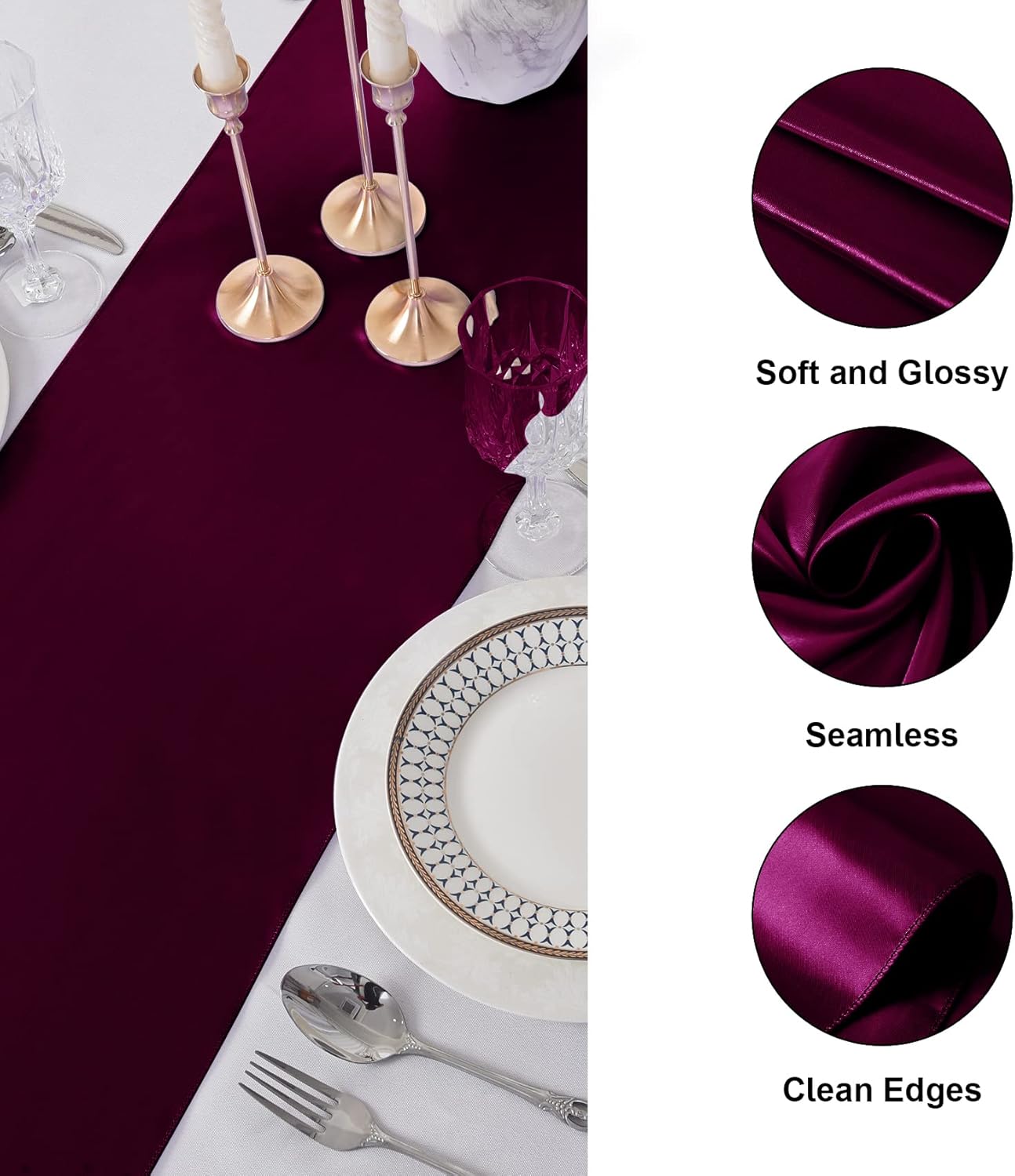 24Pack Table Runner 12 x 108 Inches Satin Silk Table Runner for Wedding, Birthday Party, Banquets, Graduations Decoration, fit Rectange and Round Table-Burgundy
