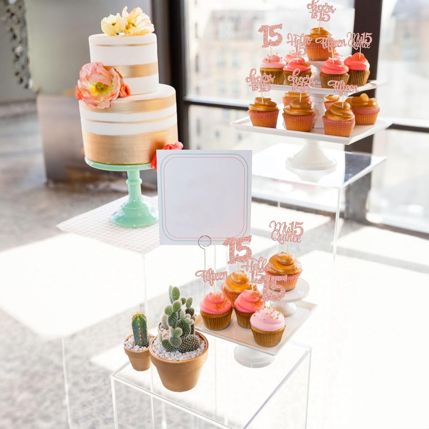 30Pcs 15th Birthday Cupcake Toppers Fifteen Cupcake Picks Cheers to 15 Years Old Mis Quince 15 Cake Decorations for 15th Birthday Anniversary Party Rose Gold Glitter