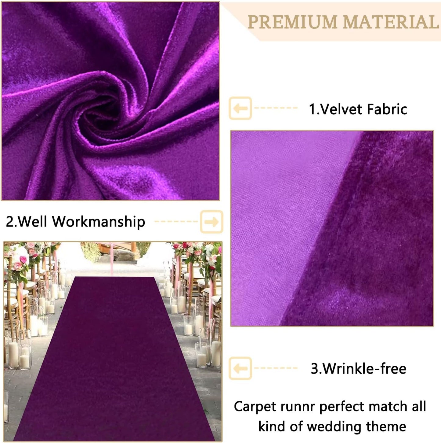 MODFUNS Wedding Aisle Runner Purple Velvet Aisle Runners 4x30ft Carpet Runner for Party Vintage Runway Rug with Carpet Tape Wedding Carpet for Bridal Baby Shower Ceremony Decor