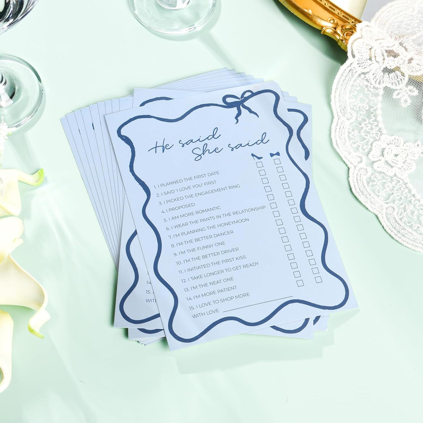 DEEKA 30 PCS Bridal Shower Games Card for 30 Guests Blue Wavy Border Ribbon Bow Funny Wedding Bachelorette Party Games for Reception (He Said She Said)