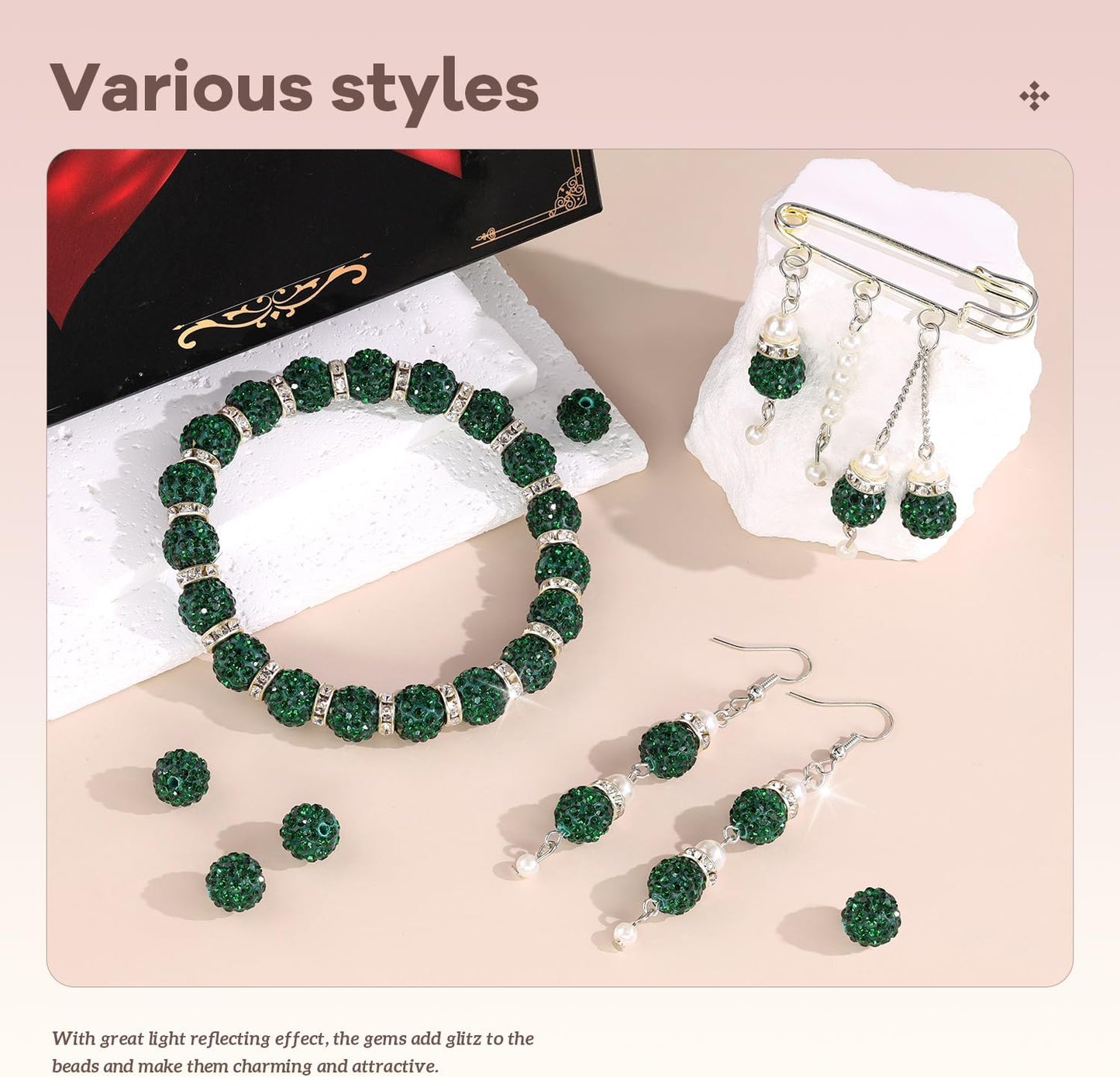 160pcs 10mm Rhinestone Beads for Jewelry Making, Dark Green Shiny Round Disco Ball Beads Bulk, Sparkle Crystal Clay Christmas for Bracelet Baseball Necklace Earring Crafting and DIY