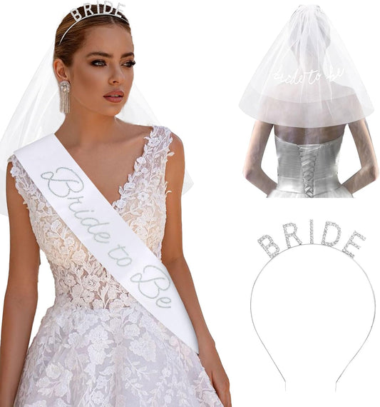 Rhinestone Bride Headband + Bride to Be Sash + Wedding Veil, Bridal Shower Gifts for Bachelorette Party Decorations, Bridal Shower, Engagement Party Decorations