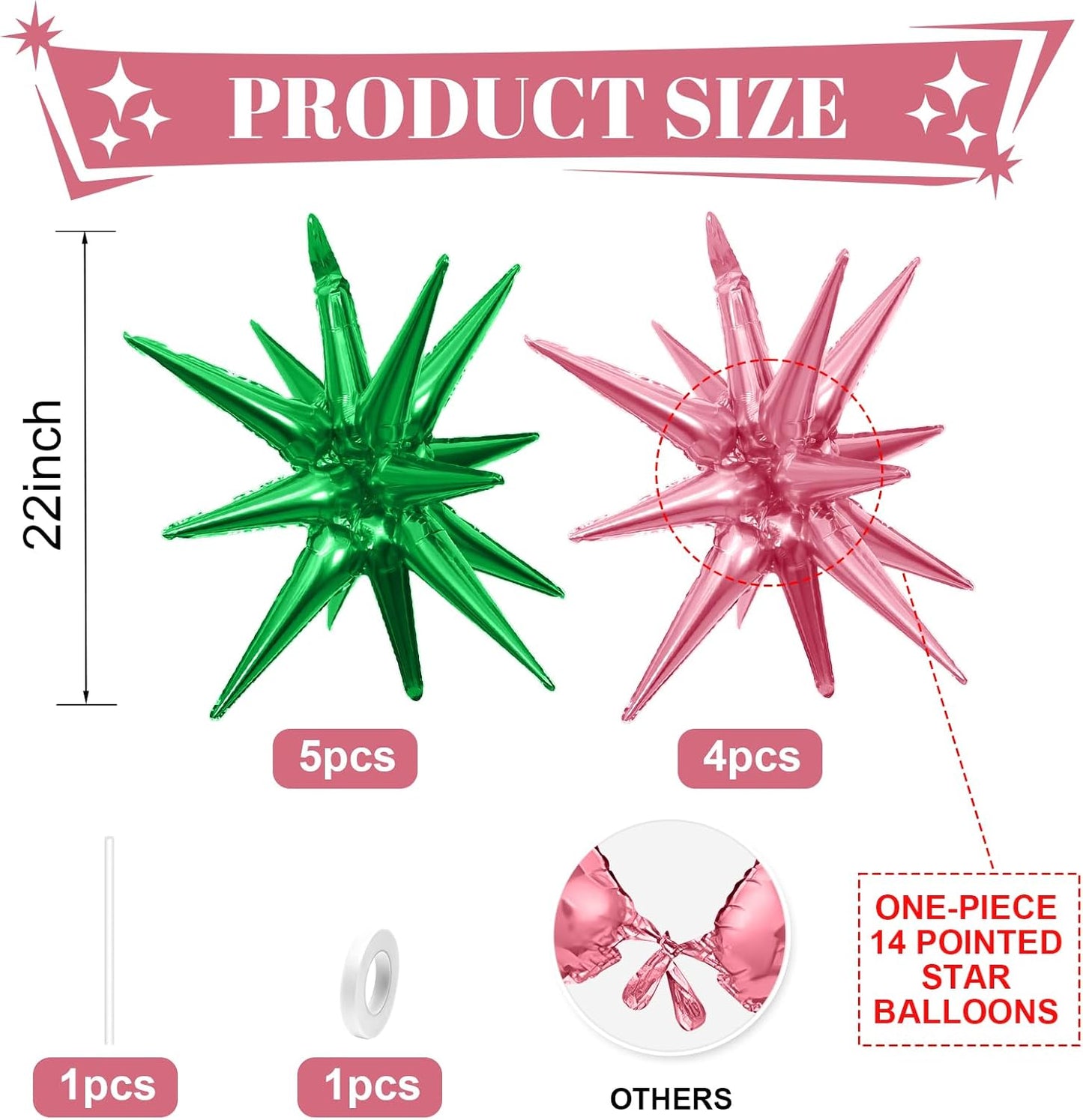 Pink Green Star Balloons,9Pcs 22Inch Pink Green Explosion Spike Cone Helium Polyester Film Star Foil Balloons for Witch Birthday Anniversary Disco Party Decorations