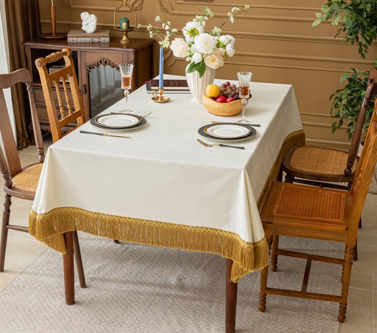 F-CHU Luxury White Tablecloth Thickset Velvet Tablecloth with Beautiful Gold Tassels Vintage Table Cloth for Home Decor Wedding, Party, Banquet and Events 60x102-Inch