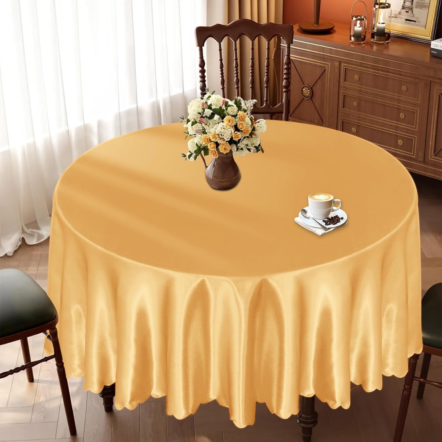 KKJIAF 1 Pack 60 Inch / 5ft Round Table Cloth, Gold Overlay Round Satin Table Cover, Silky Satin Dining Tablecloths for Wedding Buffet Parties Banquet Decoration