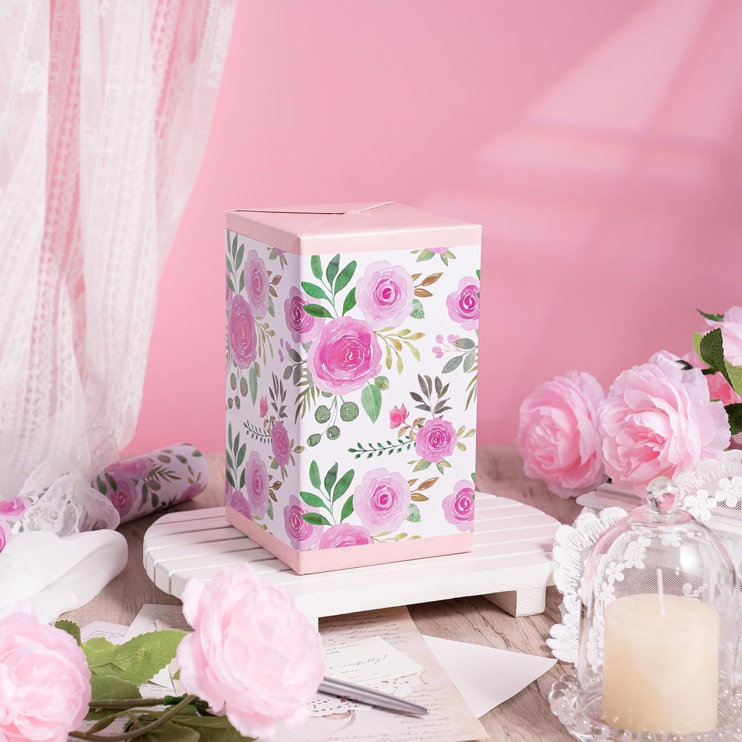 RUSPEPA Reversible Floral Wrapping Paper Roll, Mini Roll, Pink Rose Blossom Design and Pink Solid Color, Elegant Gift Wrap for Birthday, Wedding, Mother's Day, Bridal Shower, 17 Inches x 16.4 Feet