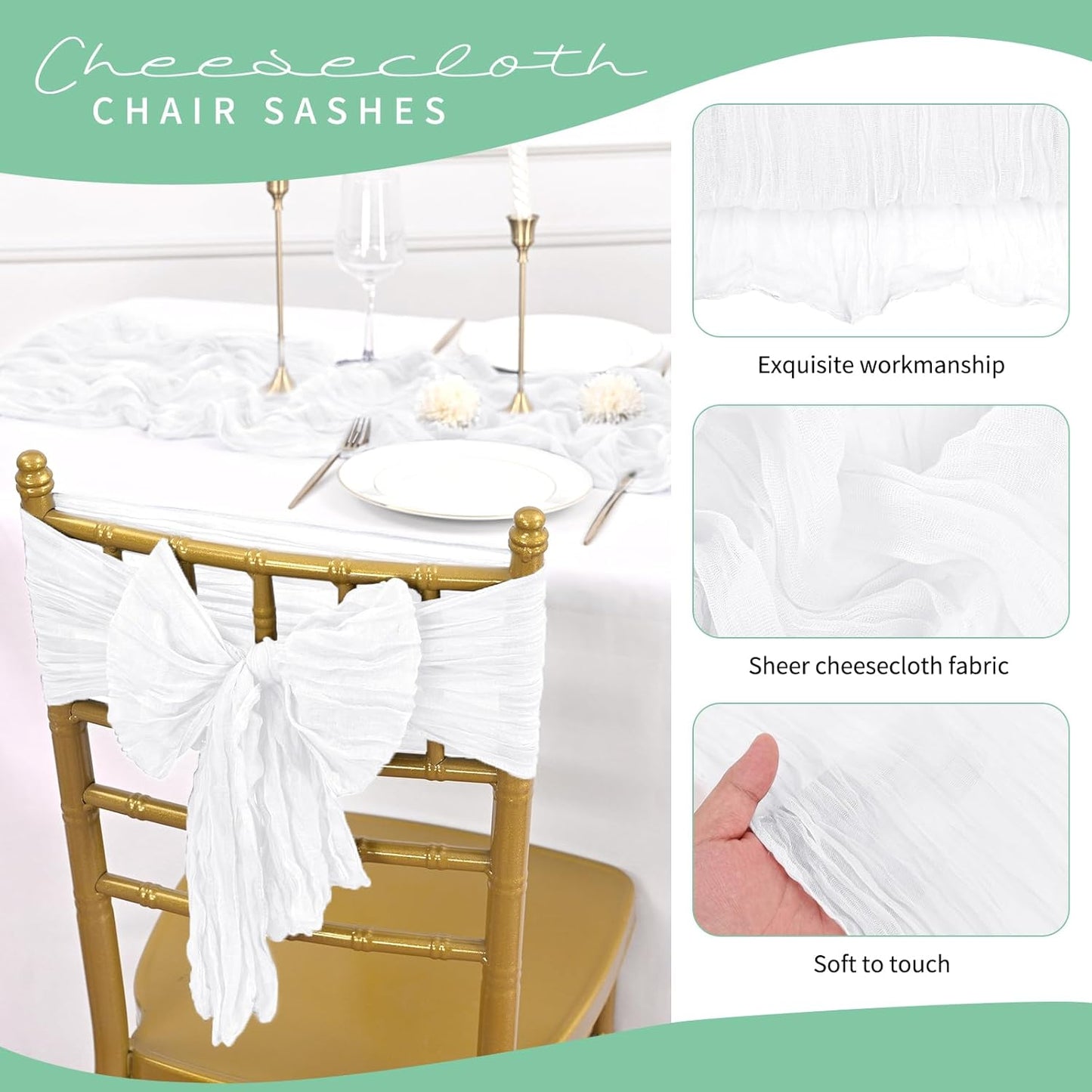 50 PCS Cheesecloth Chair Sashes, Bows Designed ChairSashes, 15.7x70 inch Chair Sashes for Aisle Decorations Universal Chairs Cover Decoration for Wedding Reception Party Banquet (White)