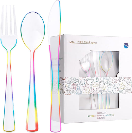 Supernal 120 PCS Clear Plastic Silverware Heavy Duty - Disposable Utensils Rainbow Colorful Silverware Set Include 40 Forks, 40 Knives and 40 Spoons for Trolls/Birthday Party, Baby Shower Decorations