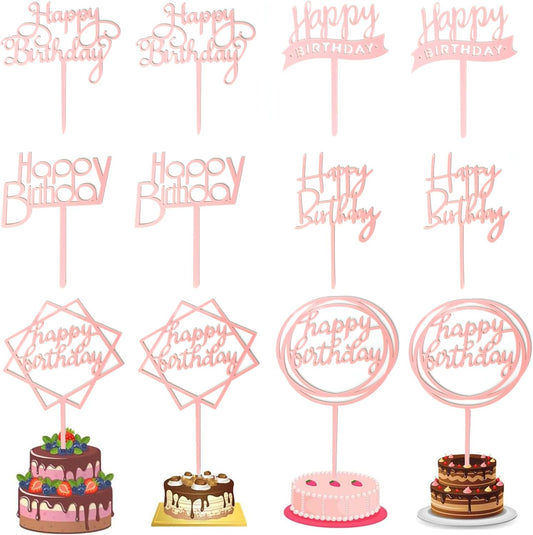 12 Pack Multi Styles Birthday Cake Topper Set, Acrylic Cake Bunting Decor Birthday Cake Picks Party Decorations Supplies(Pink)