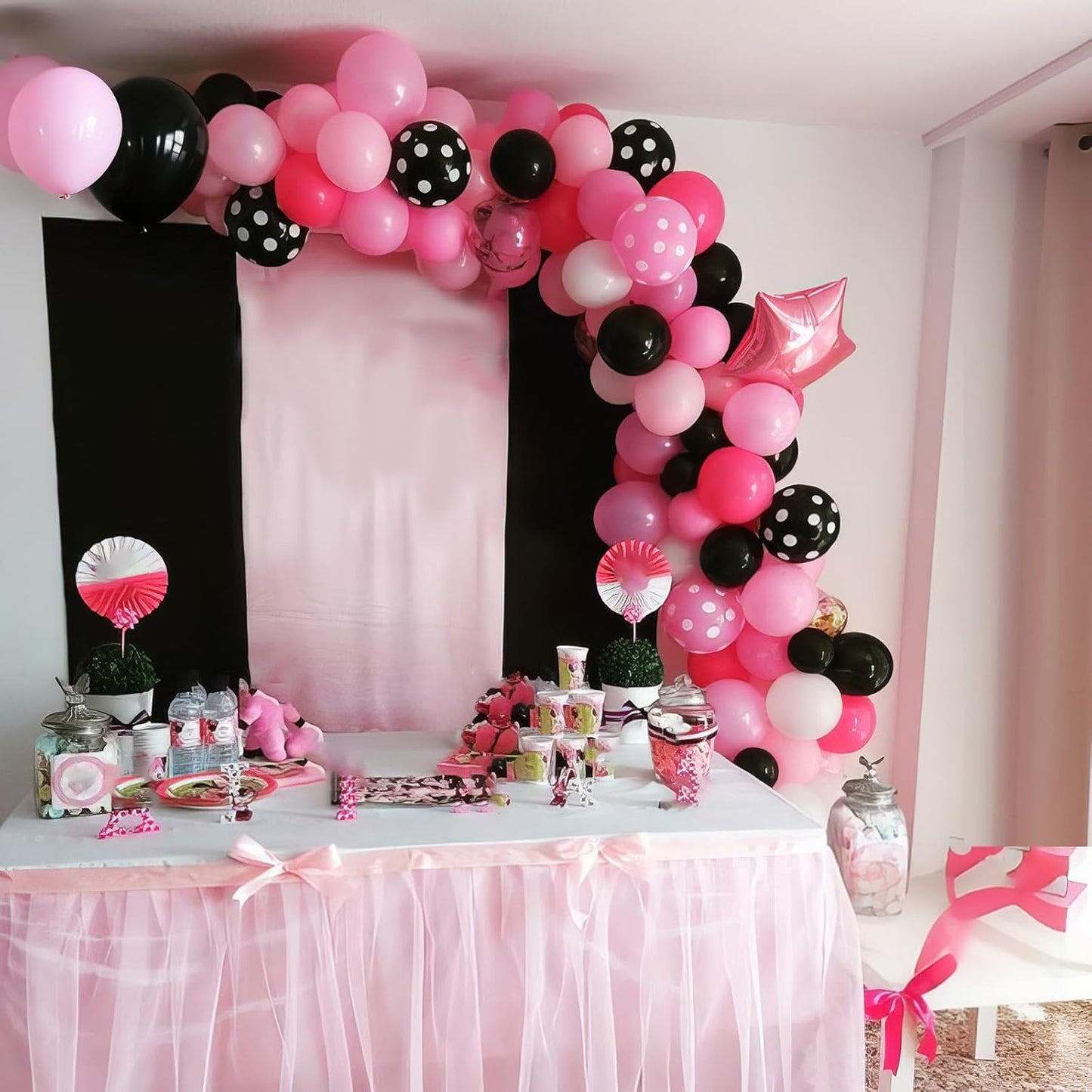 Pink and Black Balloons, Hot Pink Balloons White Dots Black White Dots Balloon with Confetti Balloon for Girls Women Birthday Baby Bridal Shower Wedding Theme Party Decorations