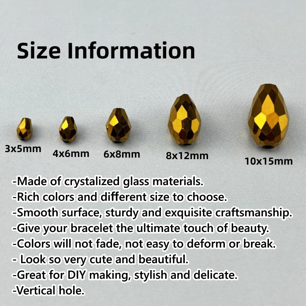 150pcs 4x6mm Teardrop Crystal Glass Beads for Jewelry Making, Faceted Vertical Hole Teardrop Glass Spacer Beads for Wind Chimes Bracelet Earring Necklace DIY Craft(Gold)