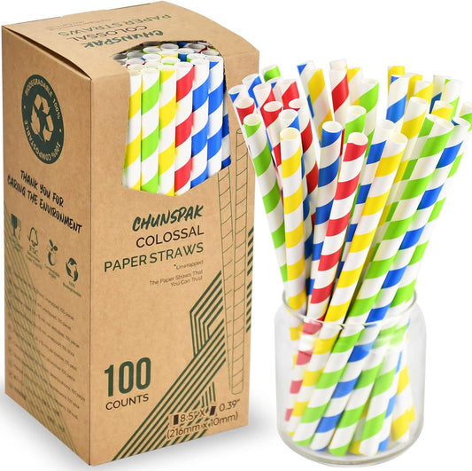 [10mm Wide] 8.5 inch Colossal Paper Straws for Smoothie & Milkshake - Colorful Stripes (Pack of 100)