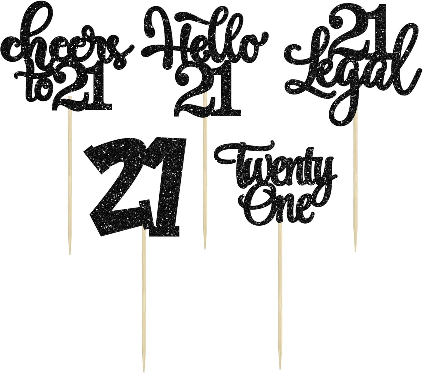 30pcs 21st Birthday Cupcake Toppers - Legal 21st Cupcake Picks - Cheers to 21 Years Old Cake Decorations - Black Glitter