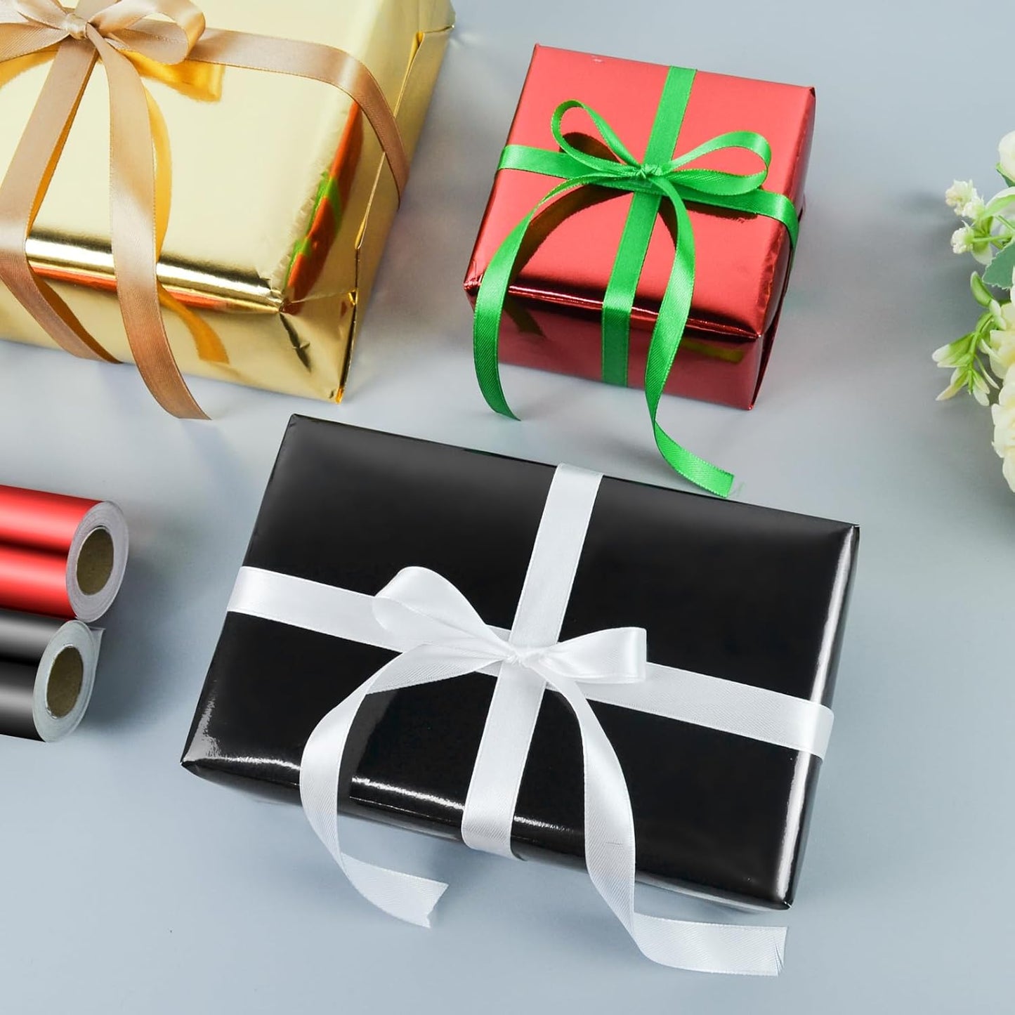KMER LIFE Metallic Wrapping Paper Rolls - 3 Rolls Premium Gift Wrapping Paper, 17 x 120 Inch Each, Birthday & Christmas Wrapping Paper, Baby Shower & Party (Red, Black, Gold)