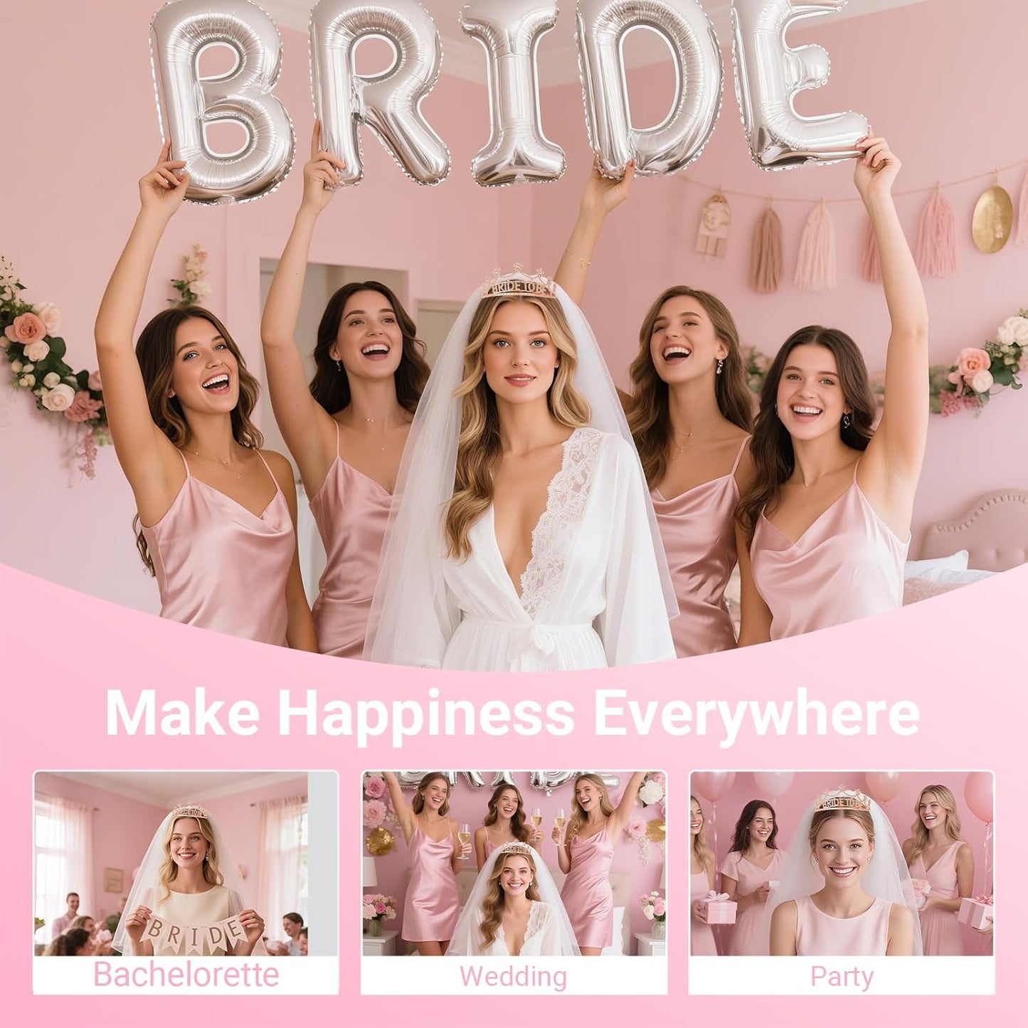 3Pcs Bride to Be Crown with Sash and Veil for Bachelorette Party Decorations，Bridal Shower Accessories for Gift, Favors