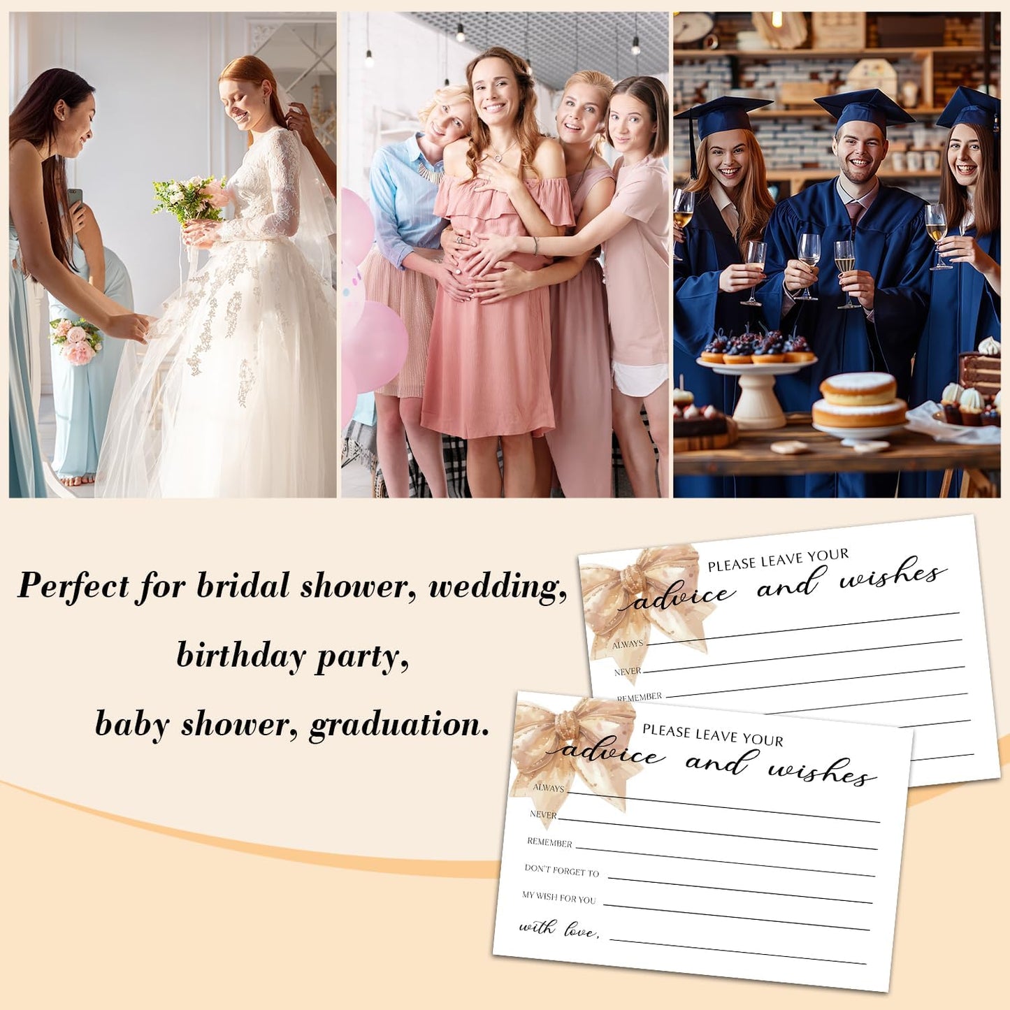 25 Advice and Wishes Cards, Bow Fill-In Advice Cards for Bridal Shower Wedding Birthday Party Baby Shower Graduation Party, Well Wishes Card for Mr & Mrs Adults, Party Supplies -04