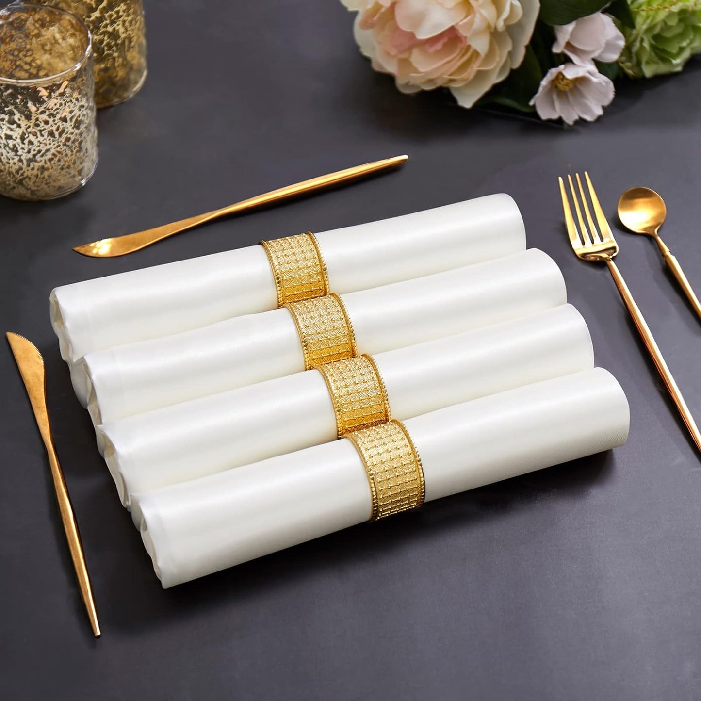 Horbaunal 30 Pack Ivory Satin Napkins 17 x 17 Inch, Square Soft Table Dinner Napkins, Silky Cloth Napkins Table Decoration for Weddings Banquets Parties