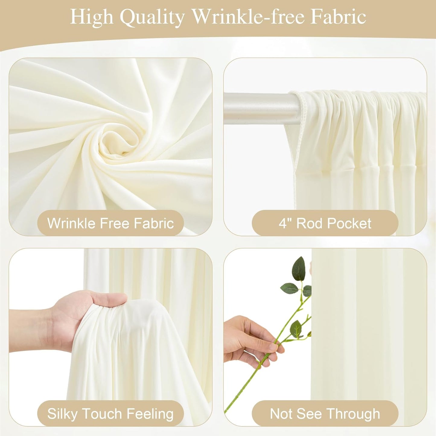 Beige Backdrop Curtains with Lights String for Parties,10x10FT Wrinkle Free Polyester Wedding Photo Backdrop Curtains for Baby Shower Birthday Ceremony Reception Home Party Decorations