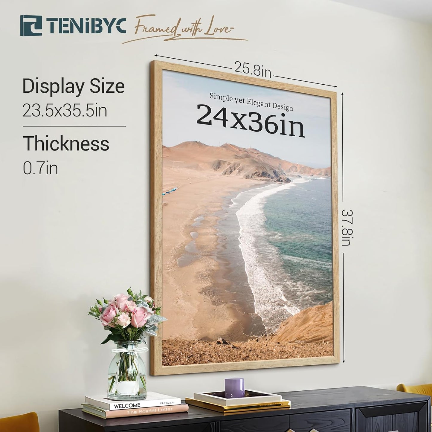24x36 Poster Frame 4 Pack, Natural Solid Wood Picture Frame, Wall Gallery Frame - Wall Hanging
