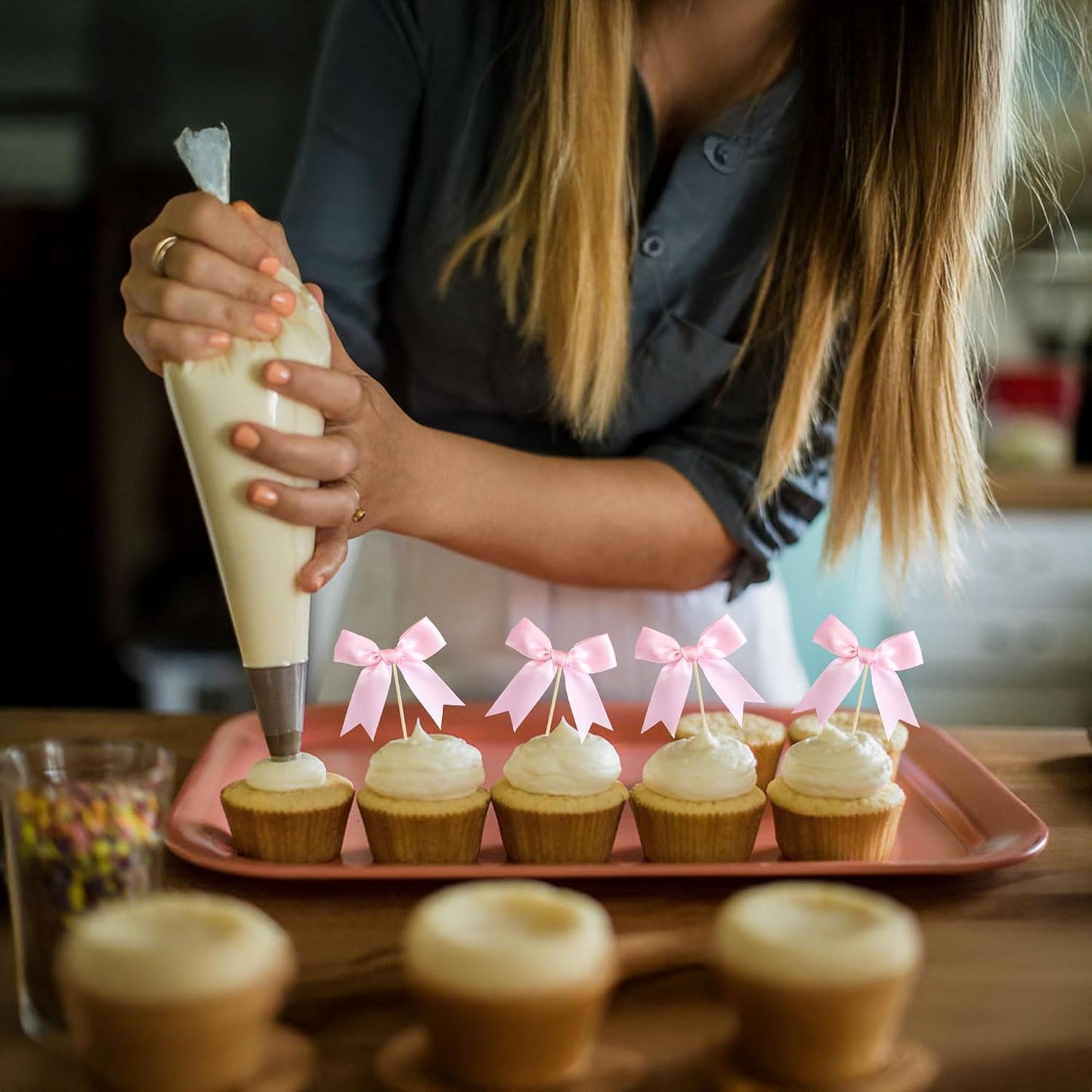 Ephlyn 24Pcs Pink Bow Cupcake Toppers Bow Cake Topper Birthday Decorations Mini Bowknot Cupcake Picks for Coquette Theme Party Decoration Bachelorette Bridal Engagement Wedding Party Pink