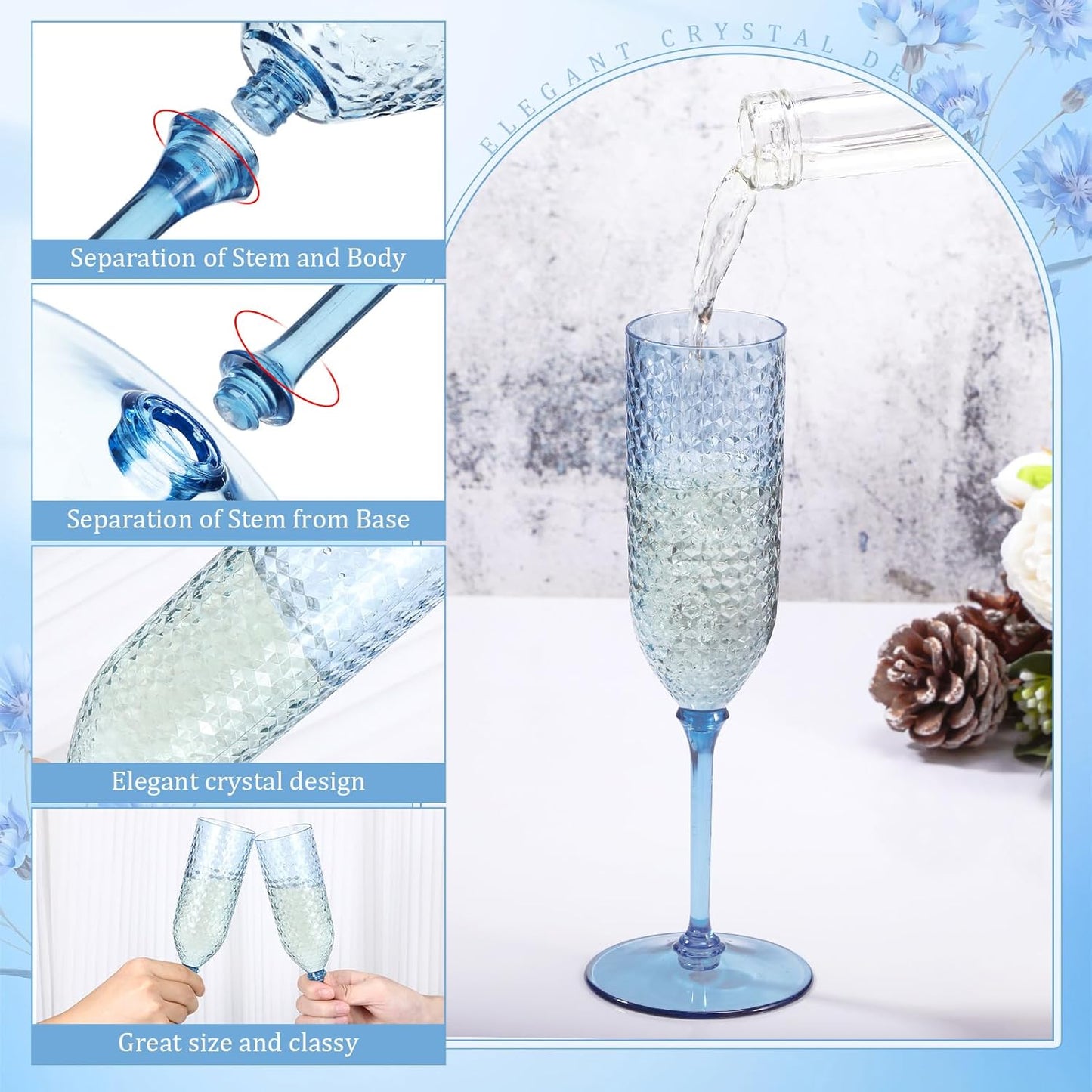 Remerry 48 Pack Detachable Plastic Champagne Flutes 5.5 oz Champagne Glasses Bulk Disposable Mimosa Glasses Reusable Wine Cups for Wedding Toasting Baby Shower Birthday Party New Years (Blue)